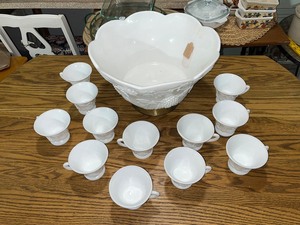 lot 41B image: Vintage White Milk Glass Punch Bowl Set with 12 Cups - Grape Motif
