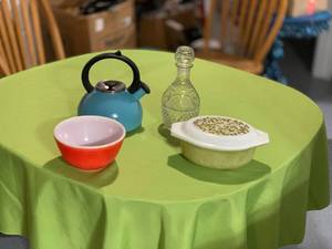 lot 169 image: Vintage Kitchenware Collection with Blue Teakettle, Glass Decanter, Mixing Bowl, and Covered Baking Dish