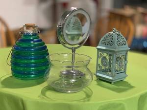 lot 170 image: Decorative Lantern, Glass Vase, and Metal Vanity Mirror Set