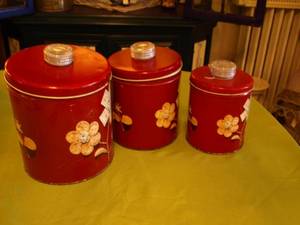 lot 223 image: Set of 3 Vintage Red Metal Canisters with Floral Design