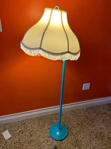 lot 230 image: Vintage Blue Floor Lamp with Fringed Fabric Shade, 5 ft Tall