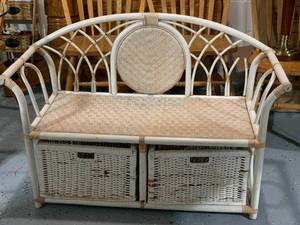 lot 238 image: Wicker Bench with 2 Storage Baskets and Rattan Detail