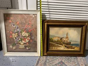 lot 241A image: Pair of Framed Artwork including Floral Print and Coastal Painting