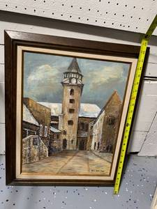 lot 242 image: Framed Original Oil Painting of European Clock Tower Scene