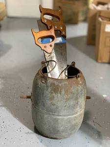 lot 63 image: Vintage Metal Water Dispenser and Disston D-23 Hand Saw and another hand saw