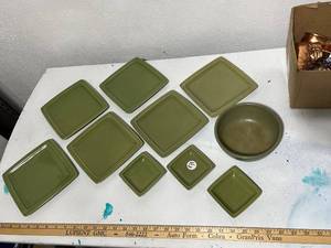lot 41E image: Set of 6 ForLife Green Ceramic Plates, 3 mini plates and Bowl USA
