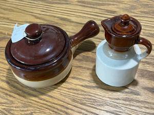 lot 62 image: Set of 2 Brown Glazed Stoneware Crocks with Lids