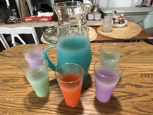 lot 64 image: Retro Ombre Pitcher with 5 Colorful Glasses Set