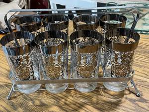 lot 88 image: Set of 8 Vintage Silver Rim Glasses with Metal Carrier
