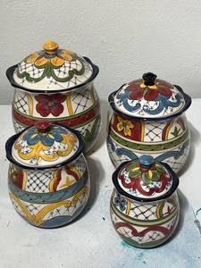 lot 91 image: Set of 4 Hand-Painted Ceramic Kitchen Canisters with Lids