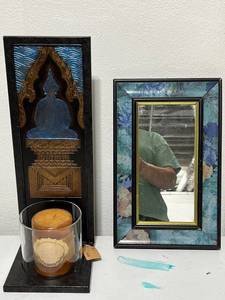 lot 105 image: Decorative Buddha Art Panel with Amber Candle and Framed Floral Mirror