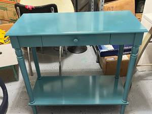lot 108 image: Teal Wood Console Table with Drawer and Shelf