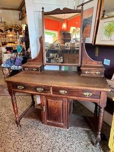 lot 164 image: Antique Wooden Vanity Dresser with Mirror and Brass Hardware