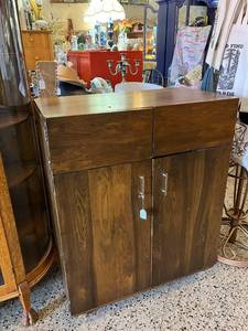 lot 169E image: Vintage Wooden Cabinet with Double Doors and Interior Shelving