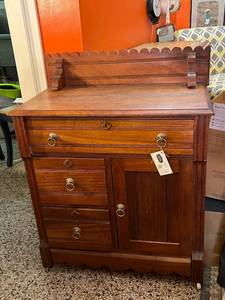 lot 180 image: Antique Wooden Washstand Cabinet with Drawers and Scalloped Backsplash