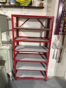 lot 1 image: Red Metal 5-Tier Shelving Unit for Garage or Basement Storage