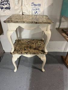 lot 6 image: Vintage Style Side Table with Decoupage Newspaper Design