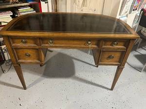 lot 11 image: Elegant Wooden Desk with Black Leather Top and Brass Handles