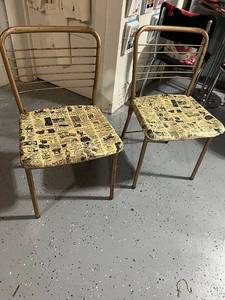 lot 14 image: Pair of Vintage Metal Chairs with Newspaper Print Upholstery