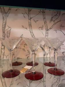 lot 24 image: Set of 6 Etched Martini Glasses with Ruby Red Base
