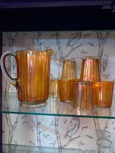 lot 27 image: Vintage Iridescent Amber Glass Pitcher Set with 6 Tumblers