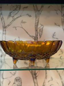 lot 31 image: Vintage Iridescent Glass Footed Bowl with Grape Pattern
