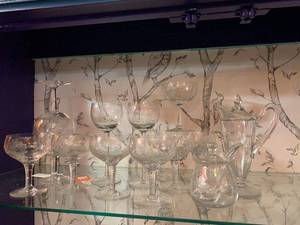 lot 36 image: Elegant Etched Glassware Set with Cocktail Glasses & Pitcher