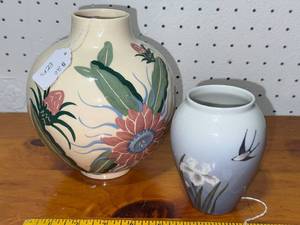 lot 56E image: Decorative Ceramic Vase Pair with Floral & Nature Designs