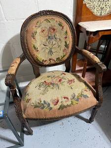 lot 68 image: Vintage Floral Upholstered Armchair with Carved Wood