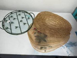 lot 115 image: Glass Serving Tray with Bamboo Design & Assorted Placemats
