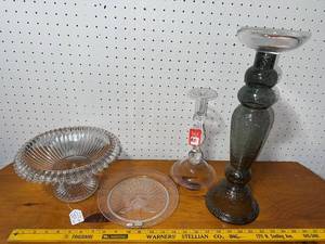 lot 131 image: Vintage Glassware Collection Bowl, Plate, & Candlesticks