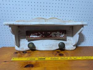 lot 143 image: Vintage-Style Distressed White Wooden Shelf with Decorative Hooks