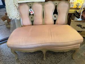 lot 177 image: Vintage Vanity Bench with Pink Upholstery and Carved Wood - Used in the documentary for the Ruby Red Slippers