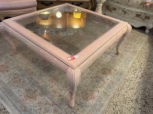 lot 271 image: Vintage Pink Glass Top Coffee Table with Carved Legs