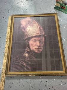 lot 1A image: Framed Portrait Print of Man in Ornate Helmet, 22x18 Inches