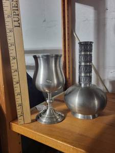 lot 7E image: Pewter Goblet and Ornate Pewter Vase Set by Reichs-Zinn