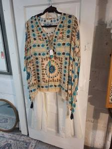 lot 25R image: Womens White House Black Market Wide Leg Pants, Blazer, and Embellished Boho Top Set