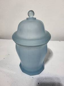 lot 28E image: Frosted Blue Glass Lidded Candy Jar, 8 Inch