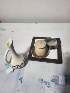 lot 30E image: Decorative Pottery Jug, Lidded Jar, Metal Dishes, and Floral Tile Trivet Set