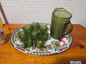 lot 37E image: Vintage Green Glass Pitcher and 8 Cup Set with Floral Tray