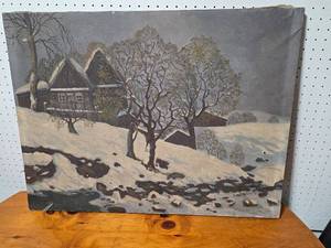 lot 64E image: Winter Landscape Painting with Snowy Trees and House