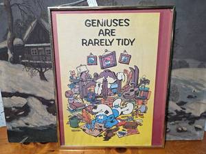lot 65E image: Framed Smurfs Poster - Geniuses Are Rarely Tidy