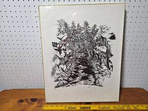 lot 75E image: Black and White Art Print Signed DB 85 - Forest and River Scene