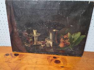 lot 78E image: Vintage Still Life Painting with Fruit and Metallic Objects
