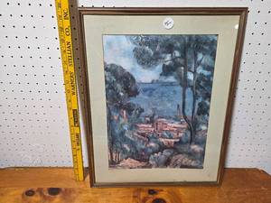 lot 80E image: Framed Landscape Coastal Print with Trees and Water Scene