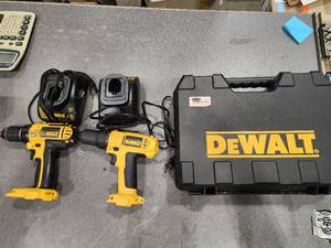 lot 38 image: Two DeWalt Drills (585834) Two chargers in case, no batteries