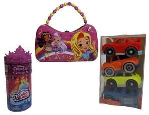 lot 9 image: Toy lot featuring Disney Princess items, including a metal storage purse and Wonder Wheels.