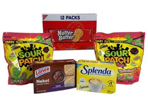 lot 40 image: Snack Lot  Nabisco Nutter Butter, Sour Patch Kids , Lance Nekot cookies & Splenda