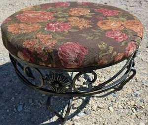 lot 1030 image: Wrought Iron Footstool with fabric cushion