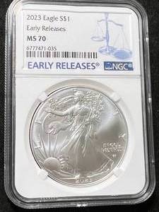lot 60 image: 2023 AMERICAN SILVER EAGLE NGC MS70 EARLY RELEASES
